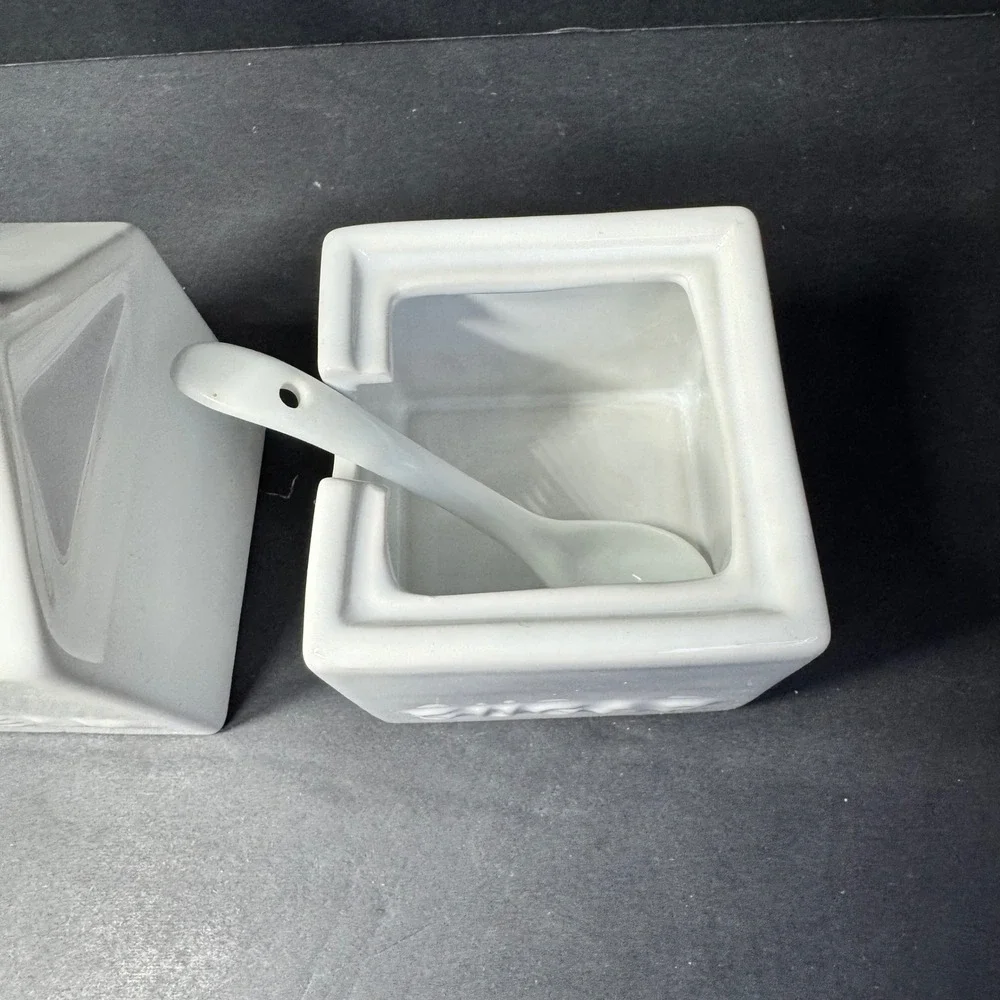 Pier 1 Imports White Stoneware Milk Carton Cream and Sugar‎ Set with Spoon